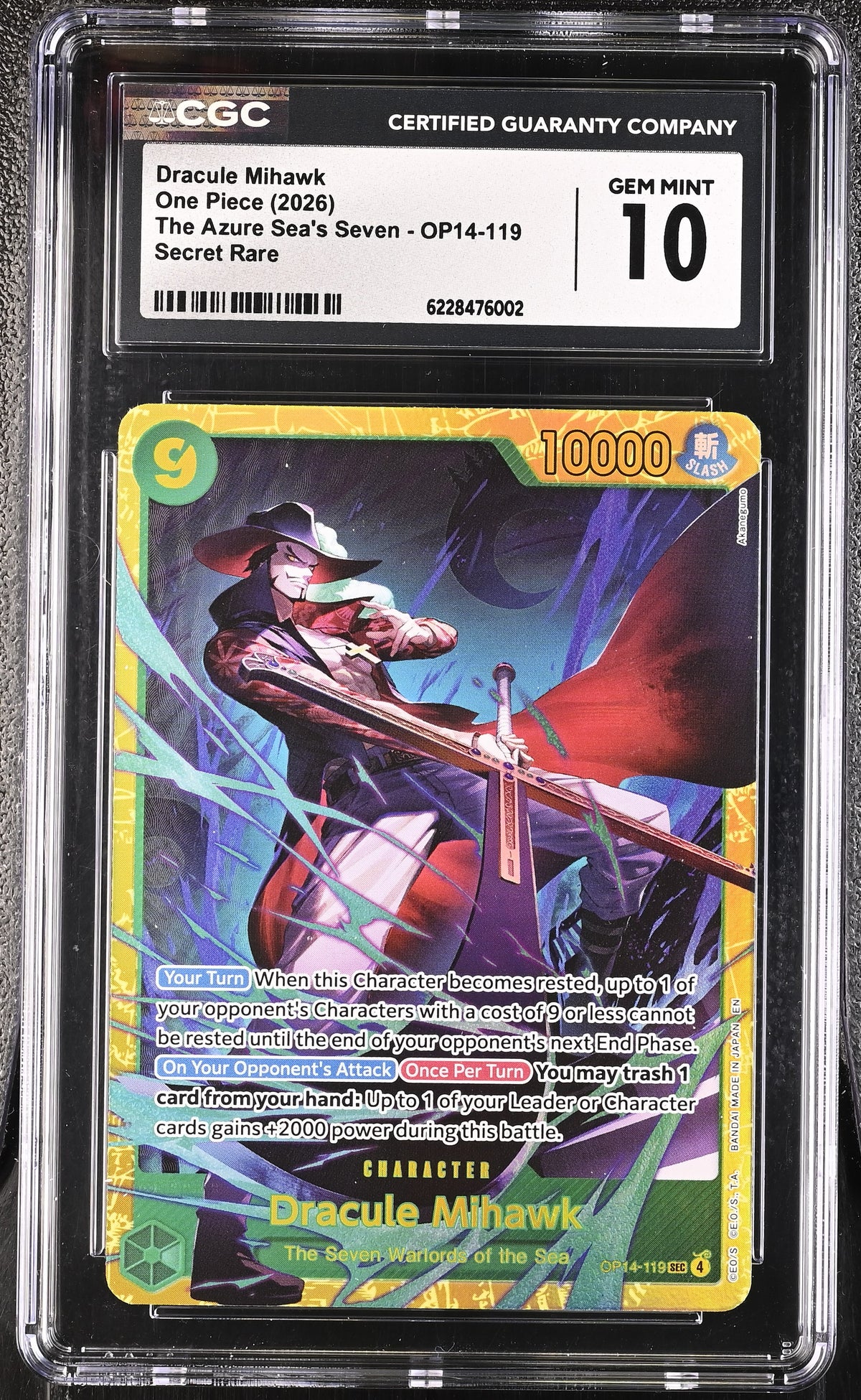 The Azure Sea's Seven #OP14-119 Dracule Mihawk CGC 10